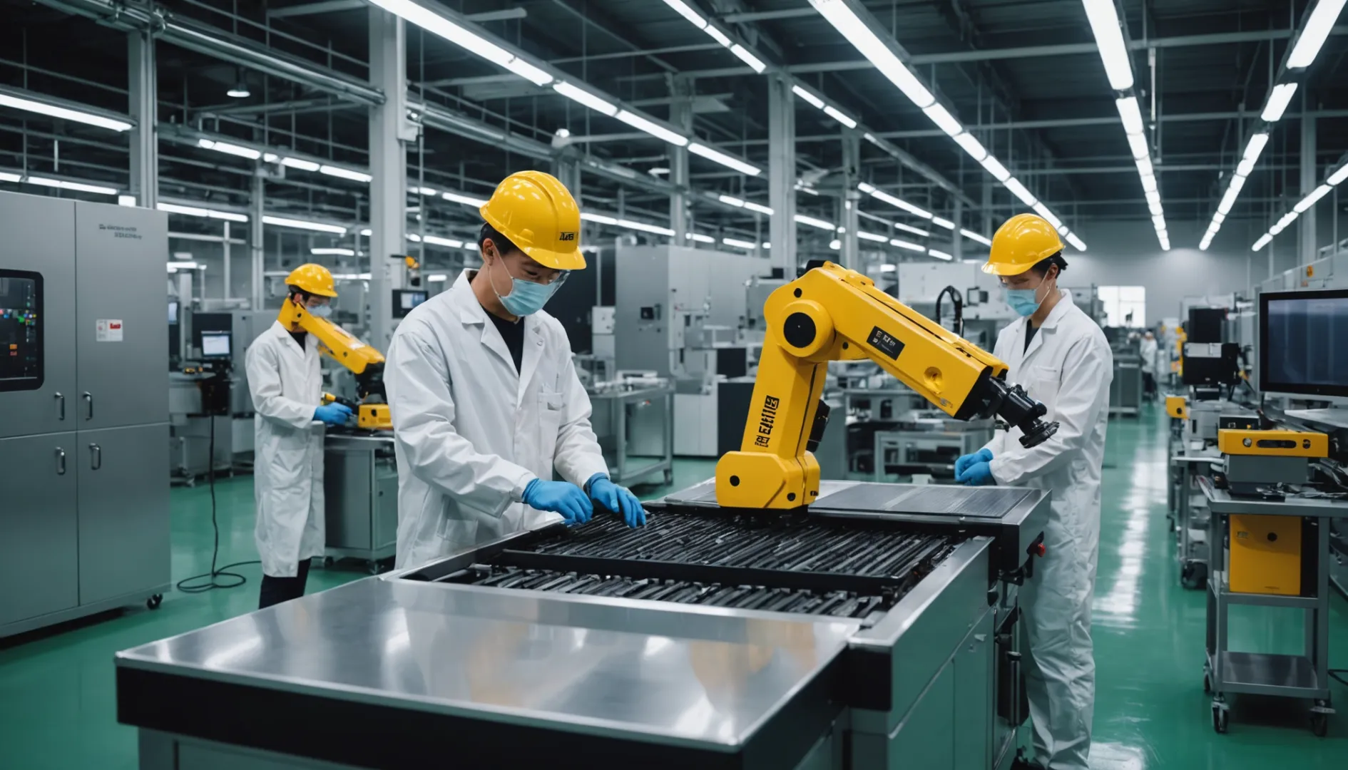 Technicians in a high-tech battery manufacturing facility