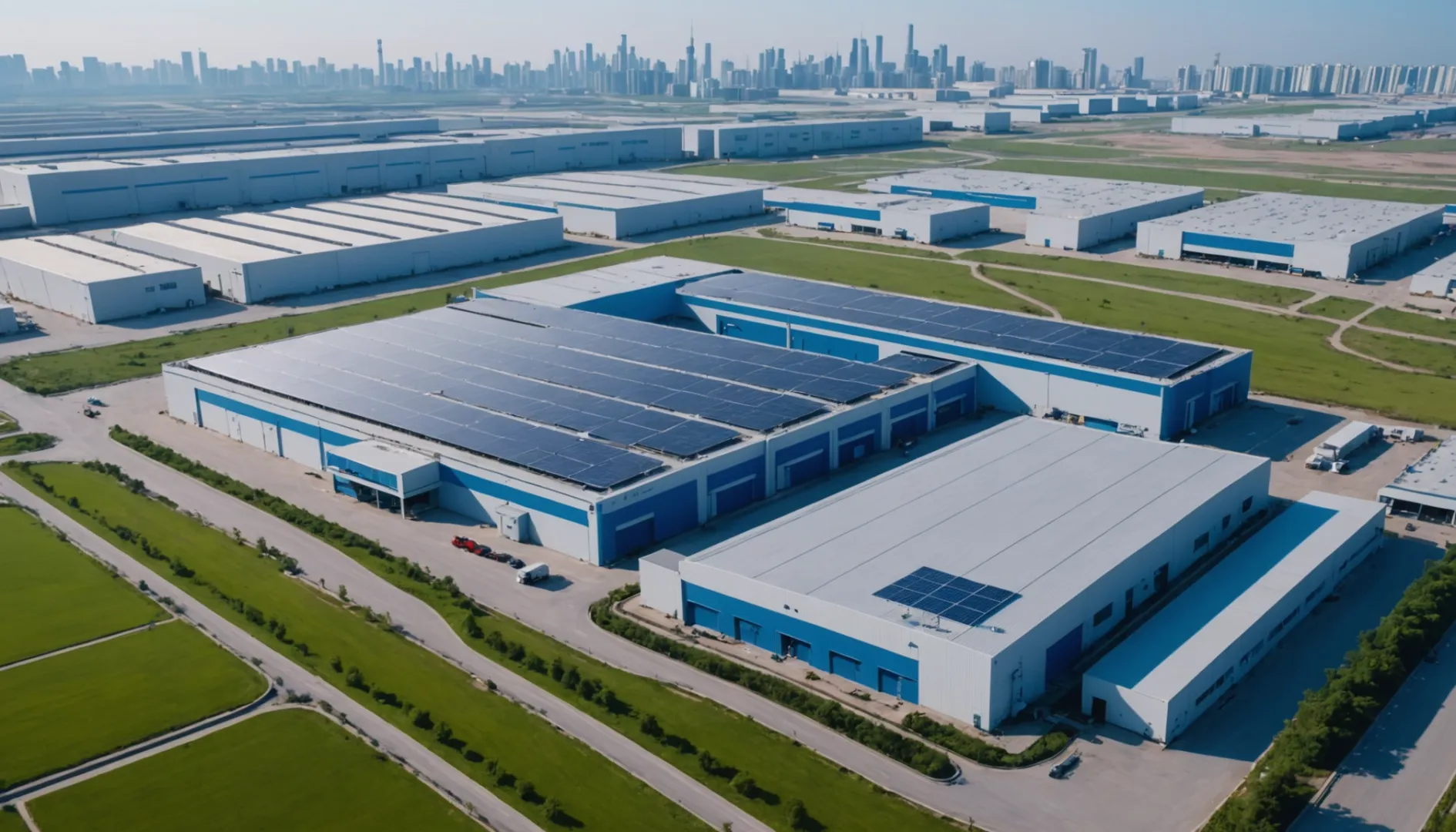 Aerial view of a lithium battery factory in China with solar panels.