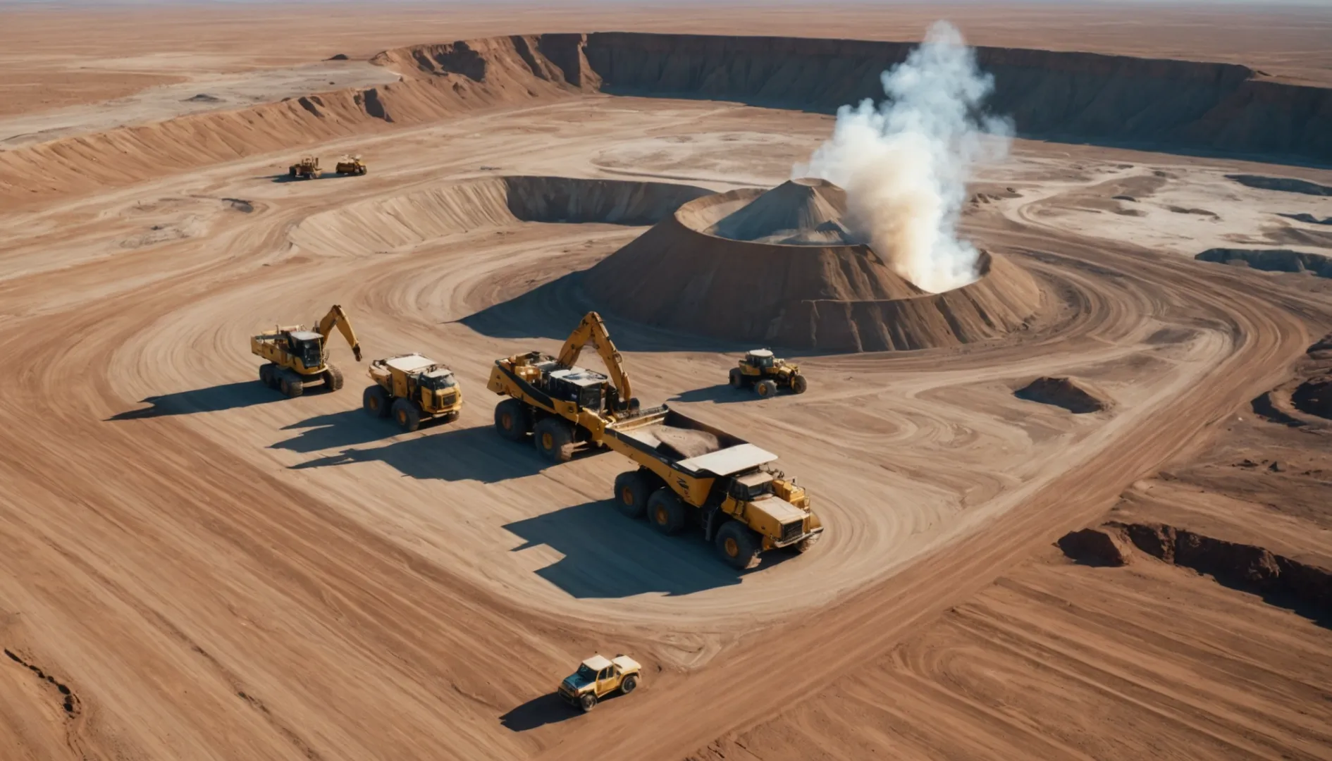 Aerial view of a lithium mining site in a desert landscape with heavy machinery and dust
