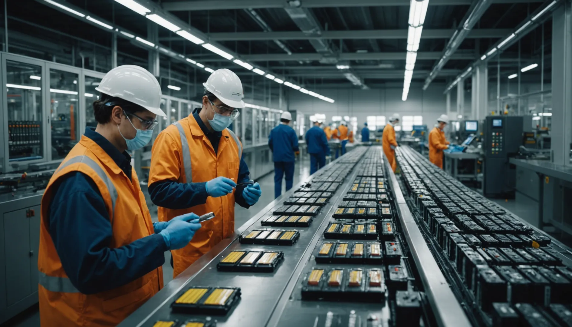 Workers in protective gear inspecting batteries on a production line