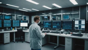 Technician testing lithium-ion batteries in a modern lab