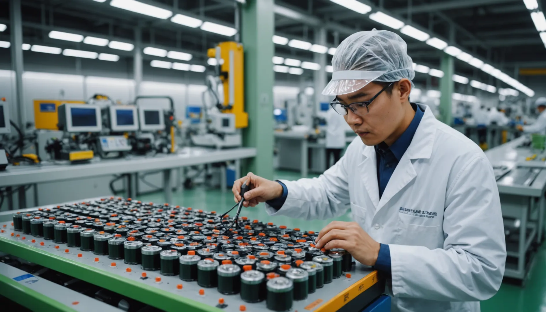 Chinese technician inspecting lithium-ion batteries in a modern facility