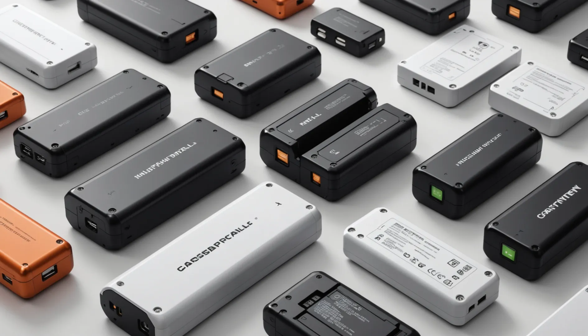 A variety of custom battery packs with different shapes and sizes displayed on a clean surface.