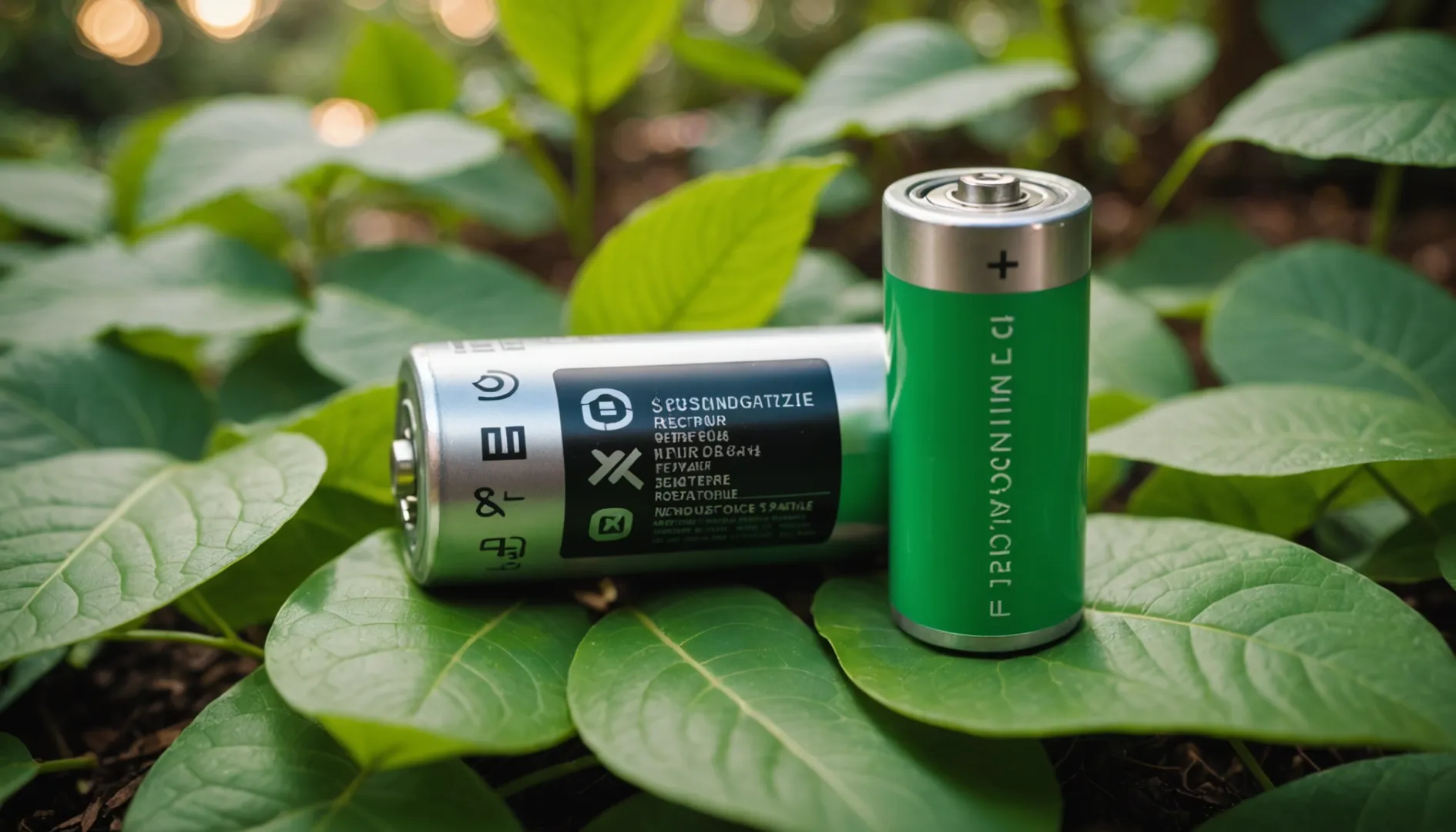 Lithium battery on green leaves with recycling symbols