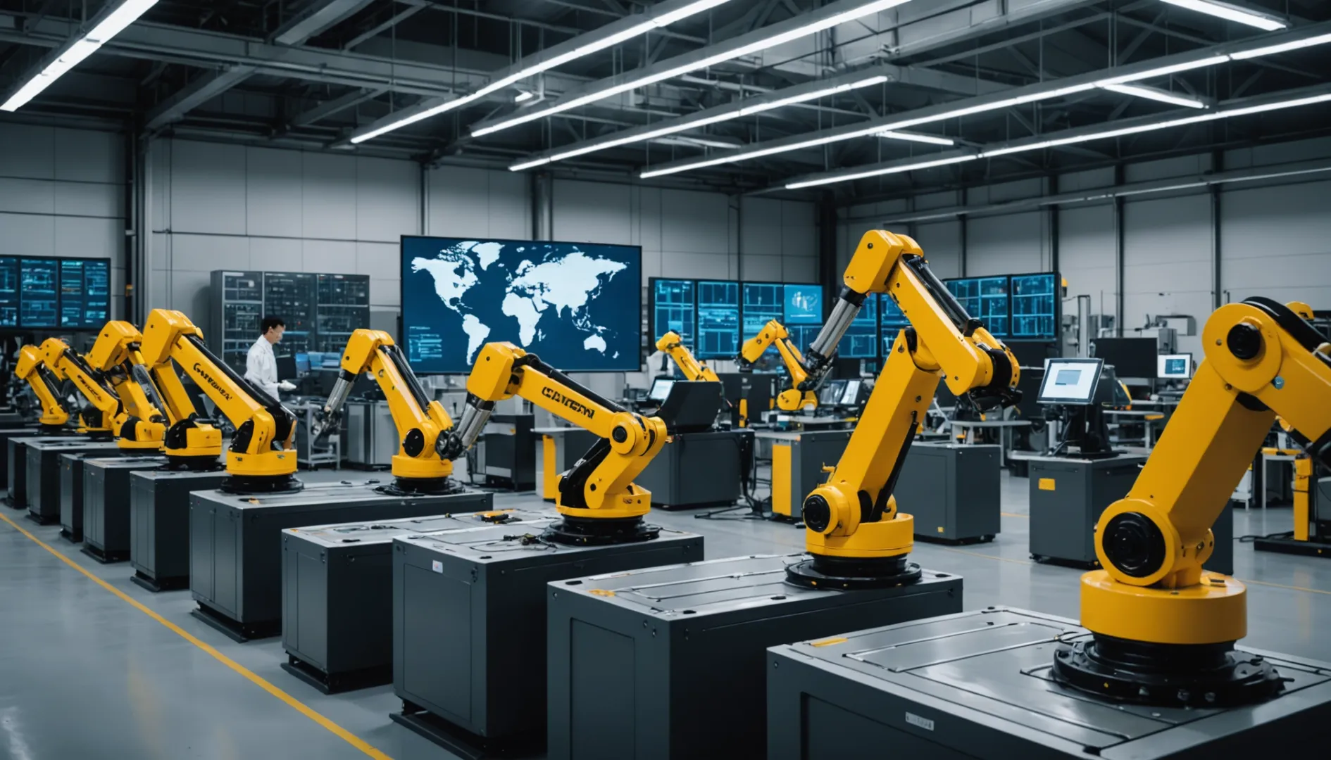 Interior of an electric vehicle battery factory with robotic arms