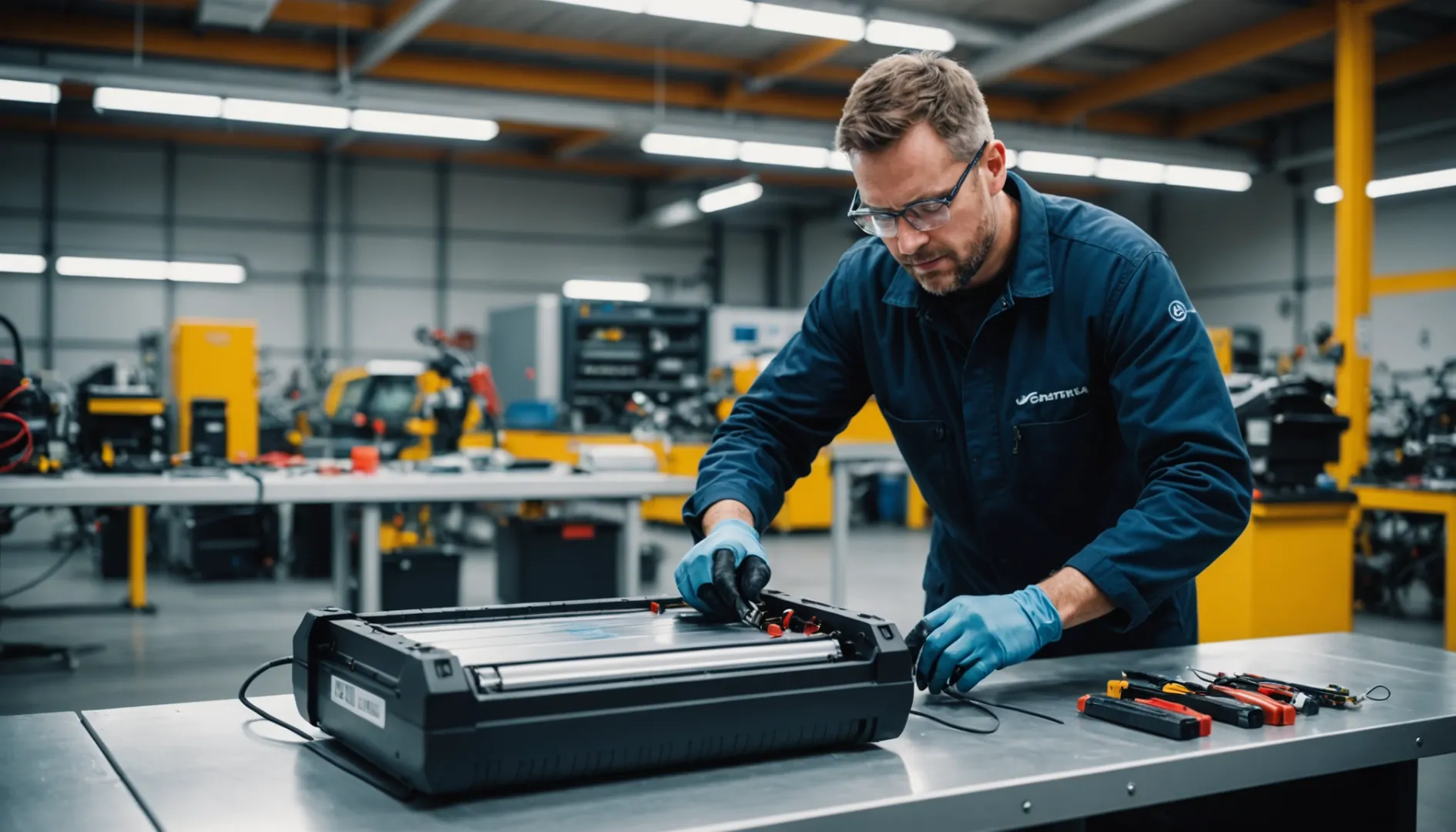 Technician installing a lithium-ion battery in an electric vehicle