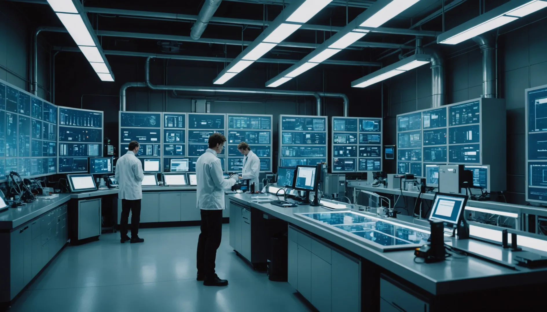 A modern laboratory with scientists examining advanced battery technologies.