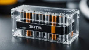 Close-up view of a futuristic lithium-ion battery with transparent casing