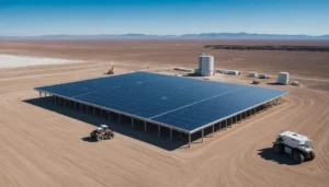 Futuristic lithium mining facility with robotic machinery and renewable energy sources