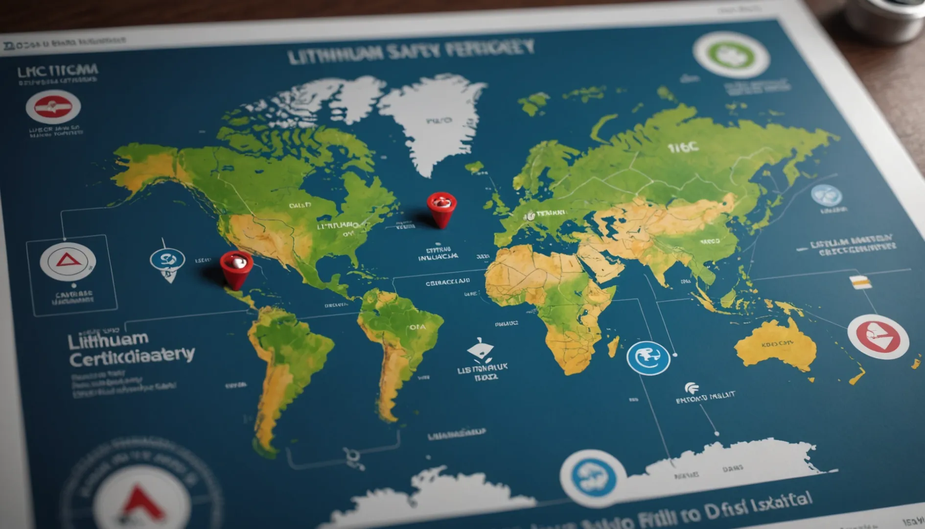 World map with icons for lithium battery safety certifications over relevant regions.