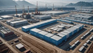 Lithium-ion battery under construction with maps and electric vehicles in the background