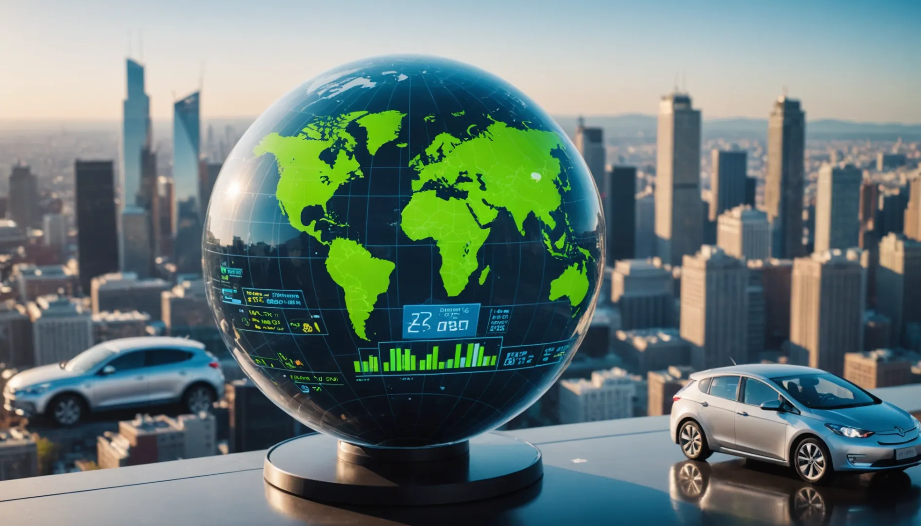 Globe with lithium market graphs and electric vehicle batteries