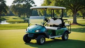 Golf cart with open battery compartment on a golf course