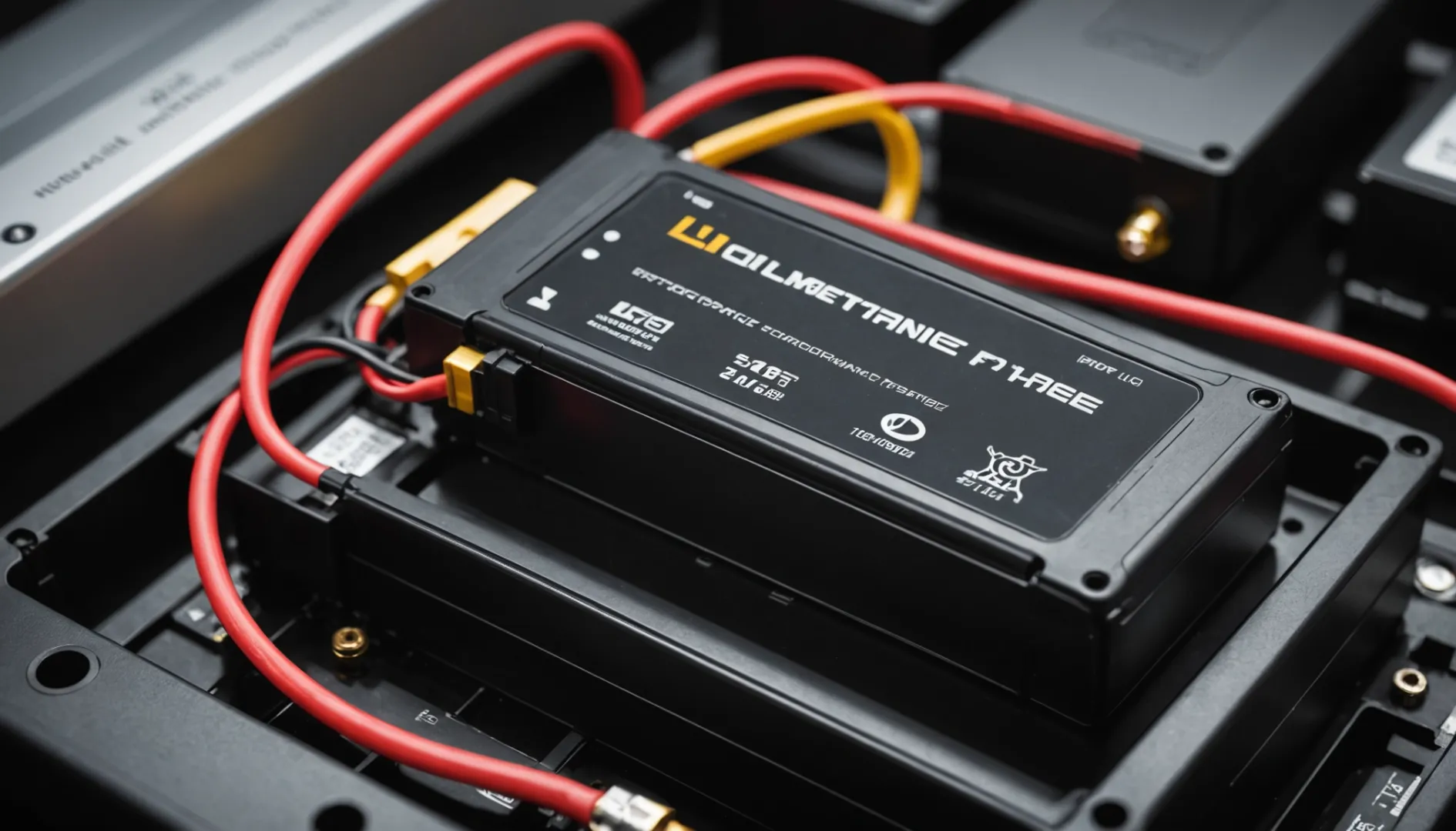 Close-up of a high-performance LiPo battery with connectors