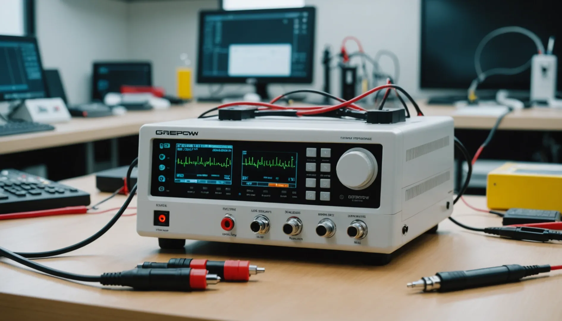LiPo battery on a laboratory table with testing equipment