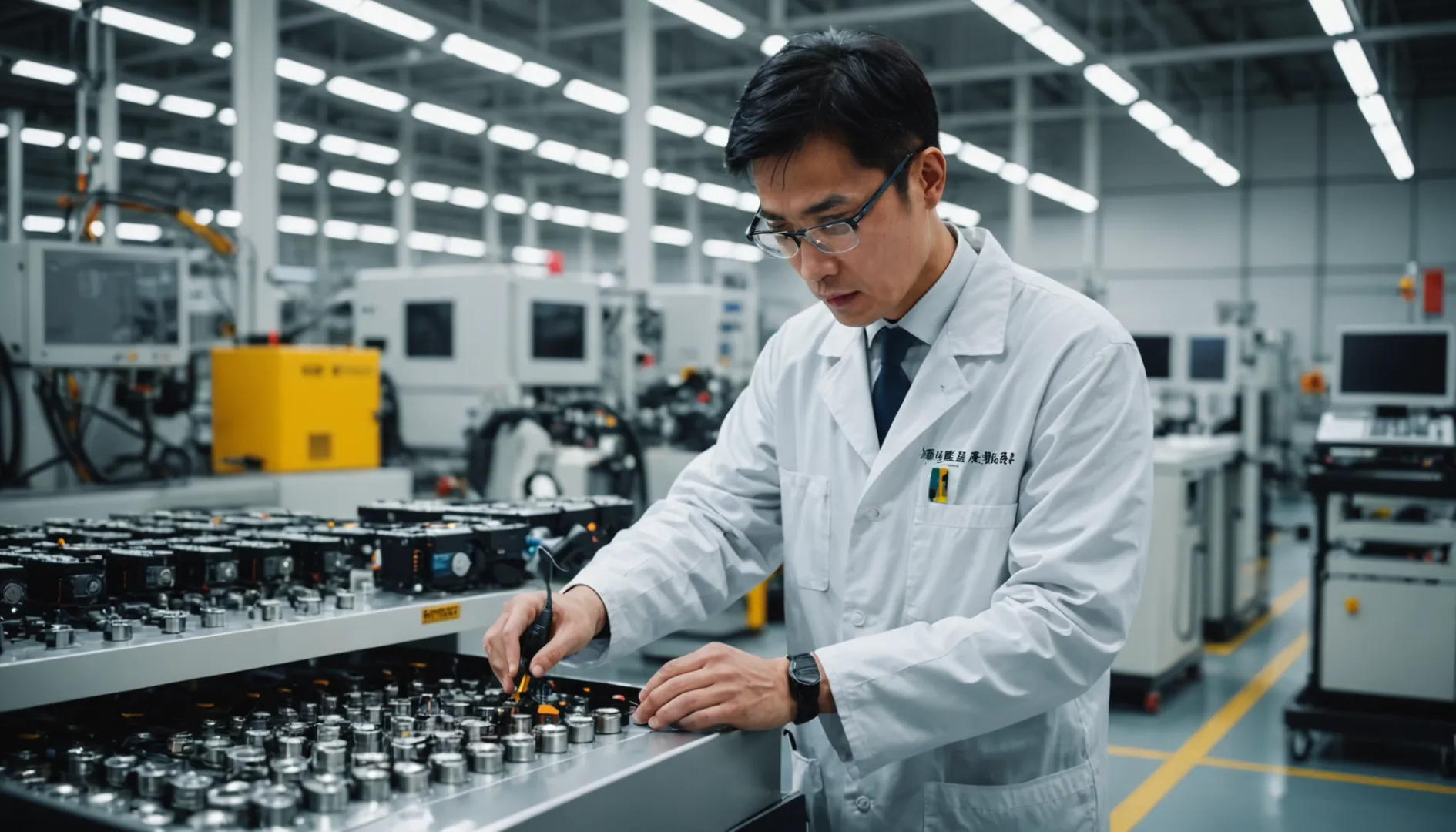 Technician inspecting lithium-ion battery in a high-tech EV factory in China