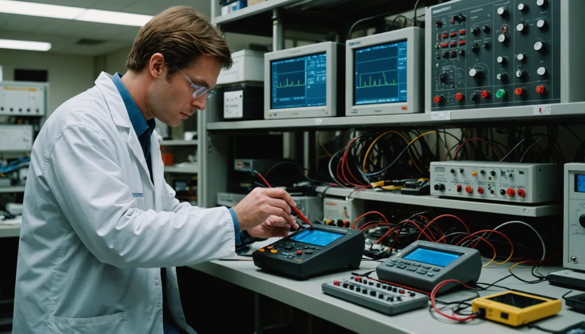 Technician testing a battery with a multimeter in a lab