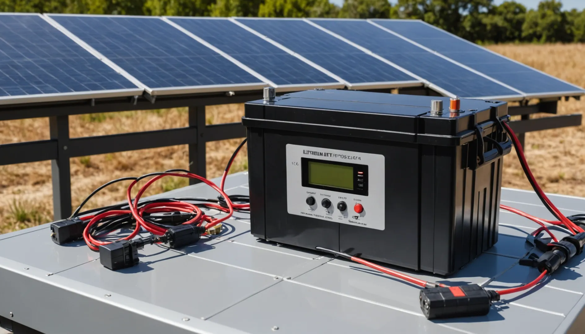 LiFePO4 battery with solar panels and inverters in a sunny outdoor setting