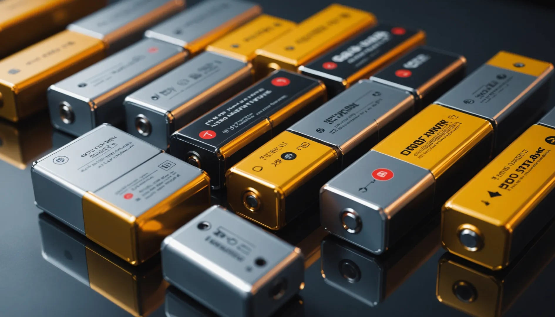 Close-up of LiPo batteries on a reflective surface