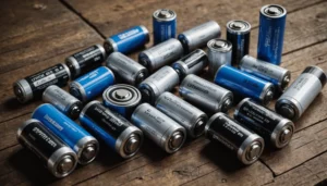 Close-up of various lithium batteries on a wooden table