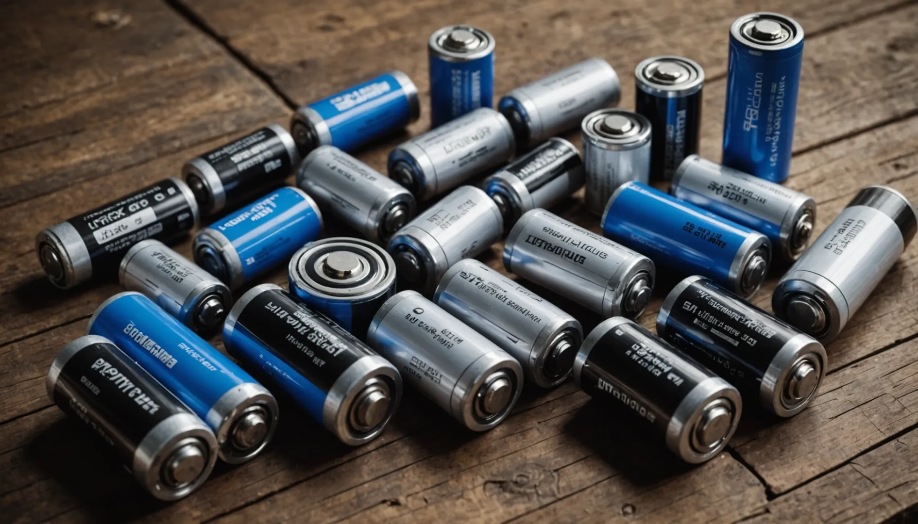 Close-up of various lithium batteries on a wooden table