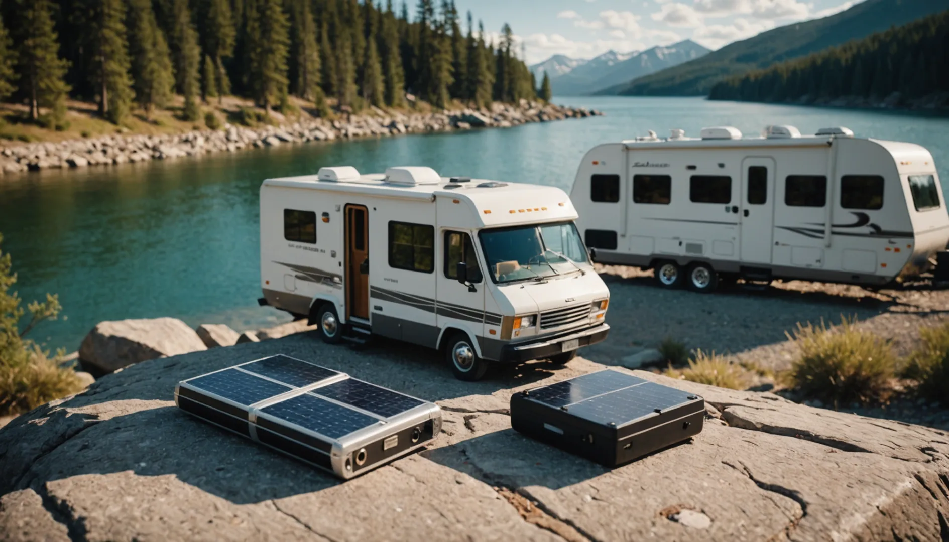 Lithium battery surrounded by various application scenarios including an RV, boat, solar panels, and a campsite.