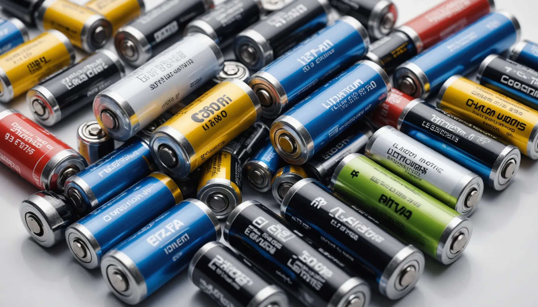 Various types of lithium batteries displayed on a white background