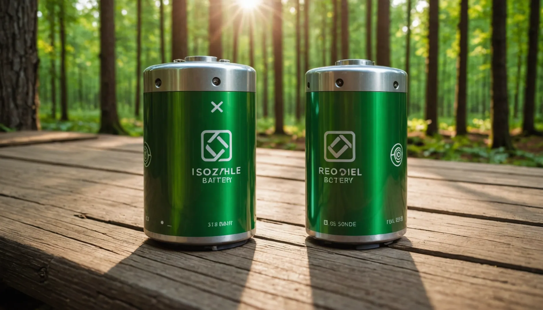 Close-up of lithium battery with renewable energy icons in a forest