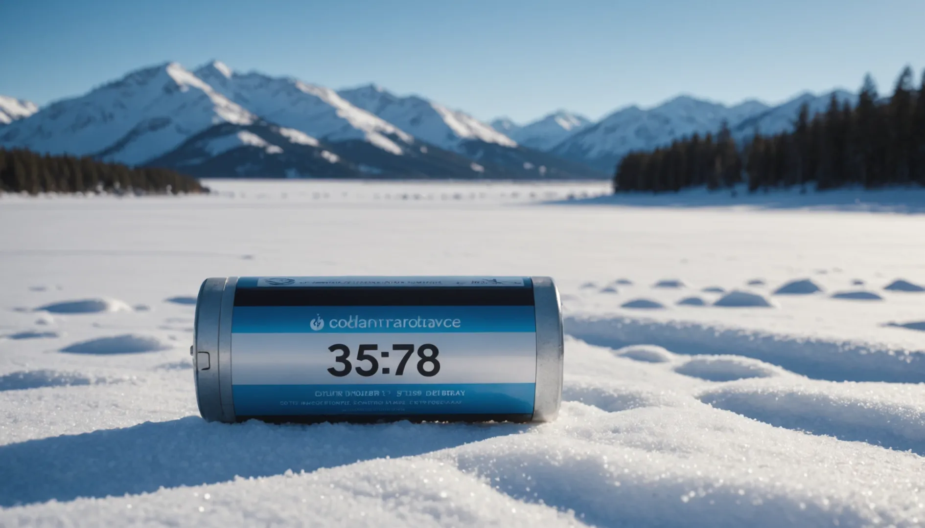 Lithium battery on snowy landscape with thermometer