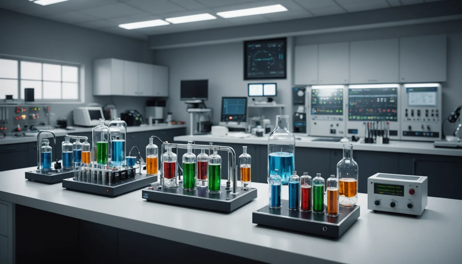 Laboratory with various lithium battery cells and equipment