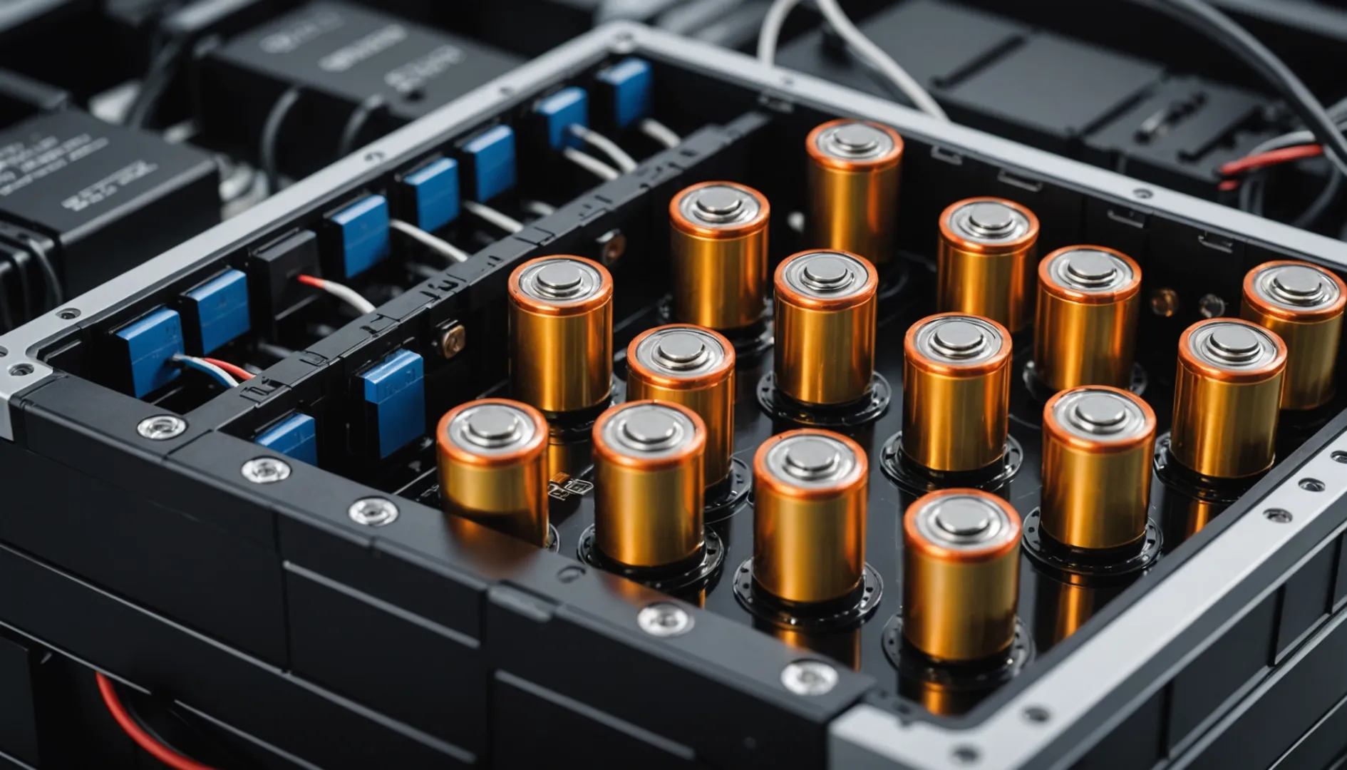 Close-up of a lithium battery module with cylindrical cells and BMS