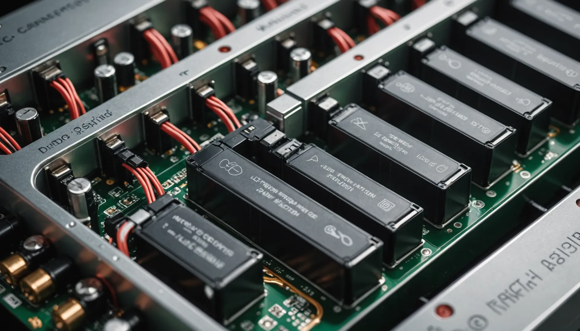 Close-up view of a lithium battery module with interconnected cells and BMS
