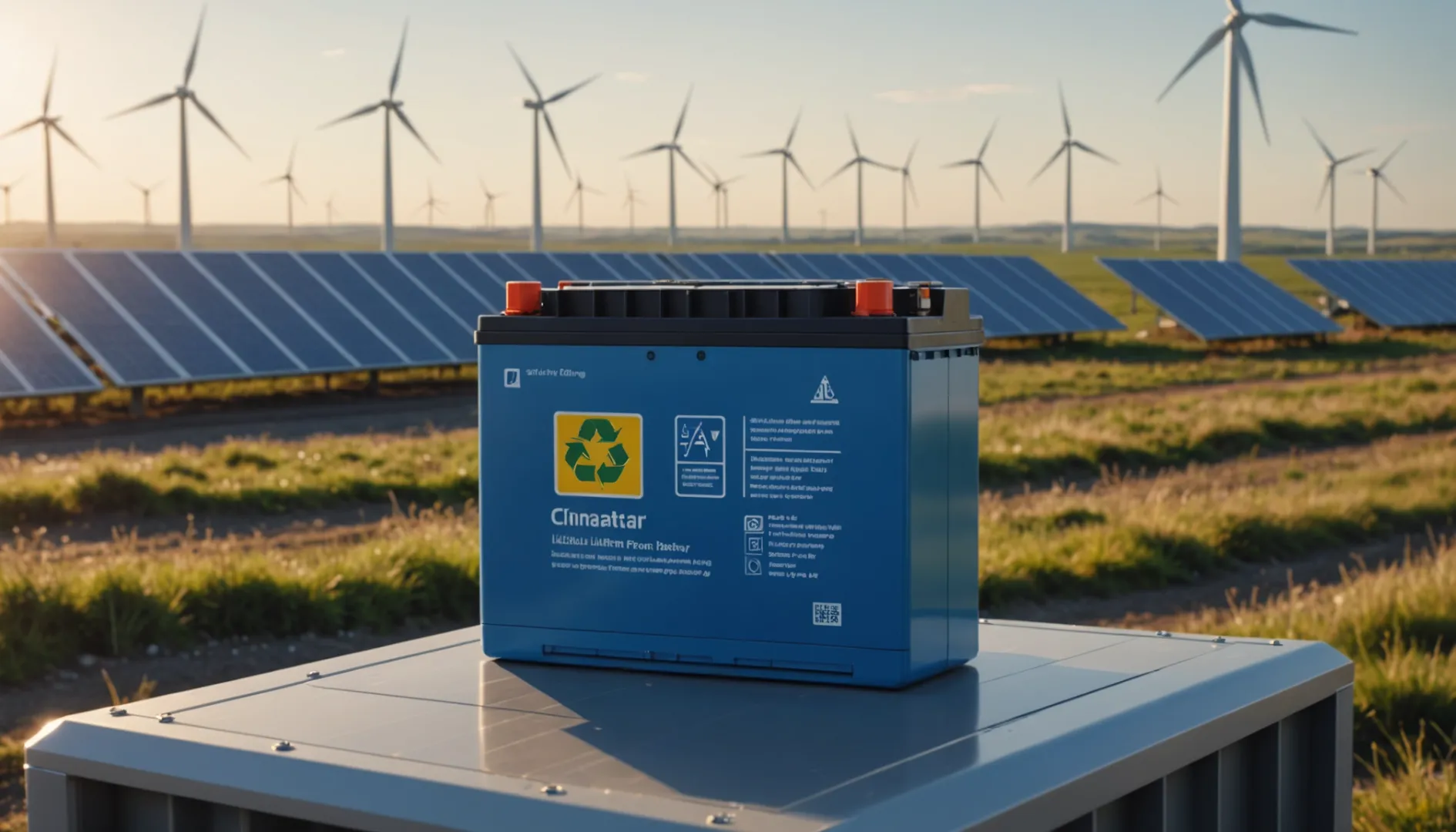 A lithium-ion battery surrounded by wind turbines and solar panels