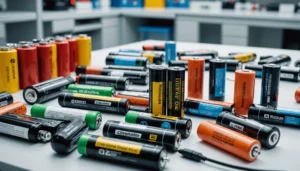 A lab table with various lithium batteries showcasing safety certification logos.