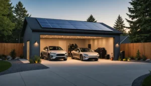 Lithium battery integrated in a solar power system in a modern garage.