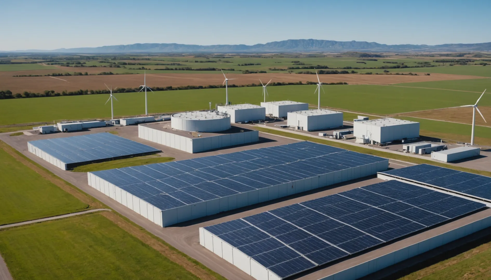 Lithium battery storage facility with solar panels and wind turbines