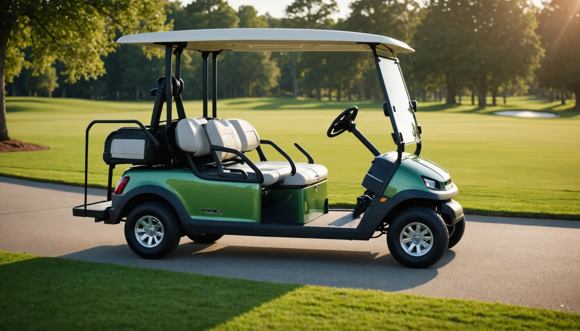 Lithium golf cart battery displayed with a modern golf cart on a green course