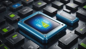 Lithium-ion battery surrounded by icons of its applications on a green and blue gradient background.