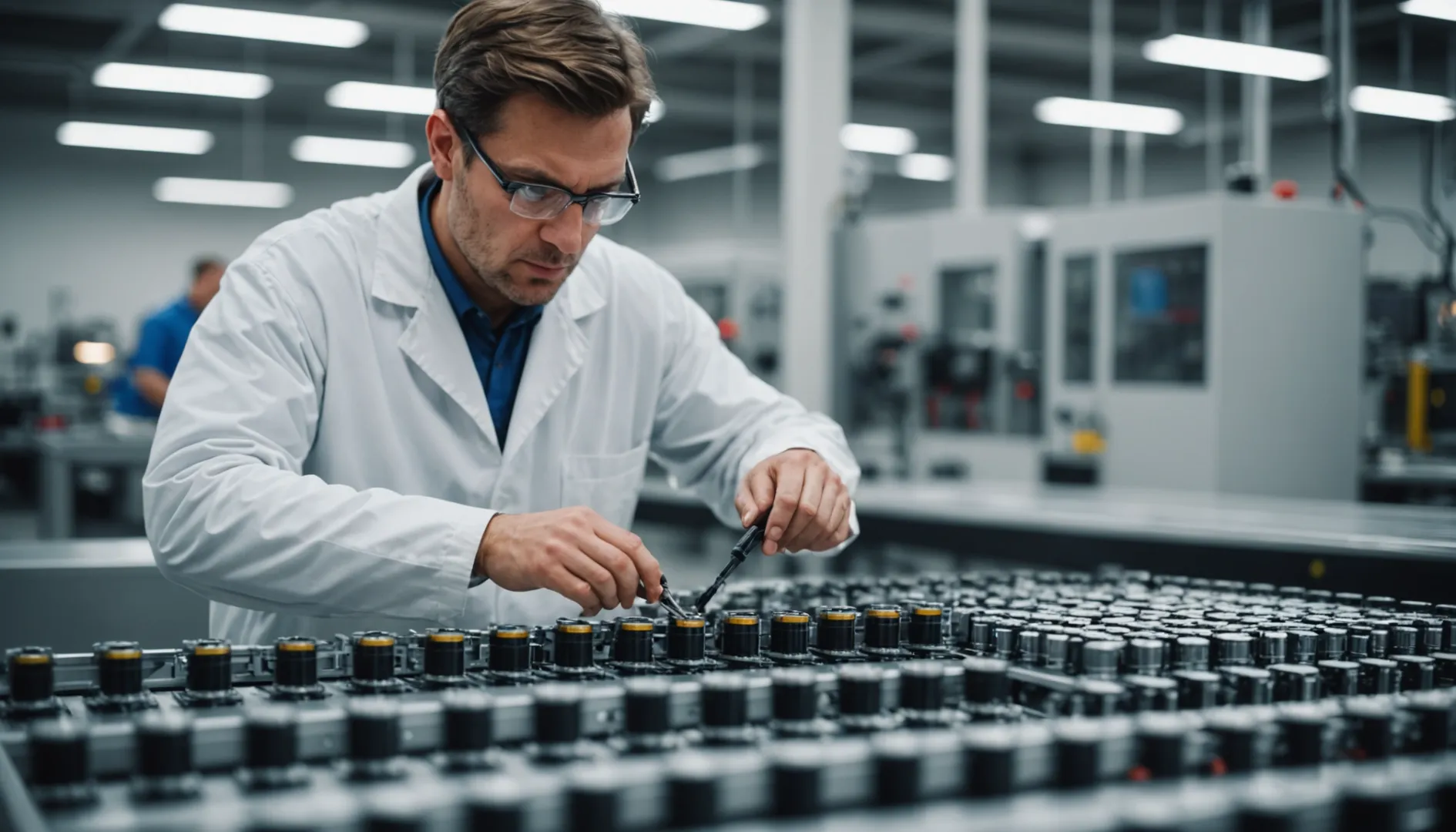 Technician inspecting battery cells in a modern manufacturing facility