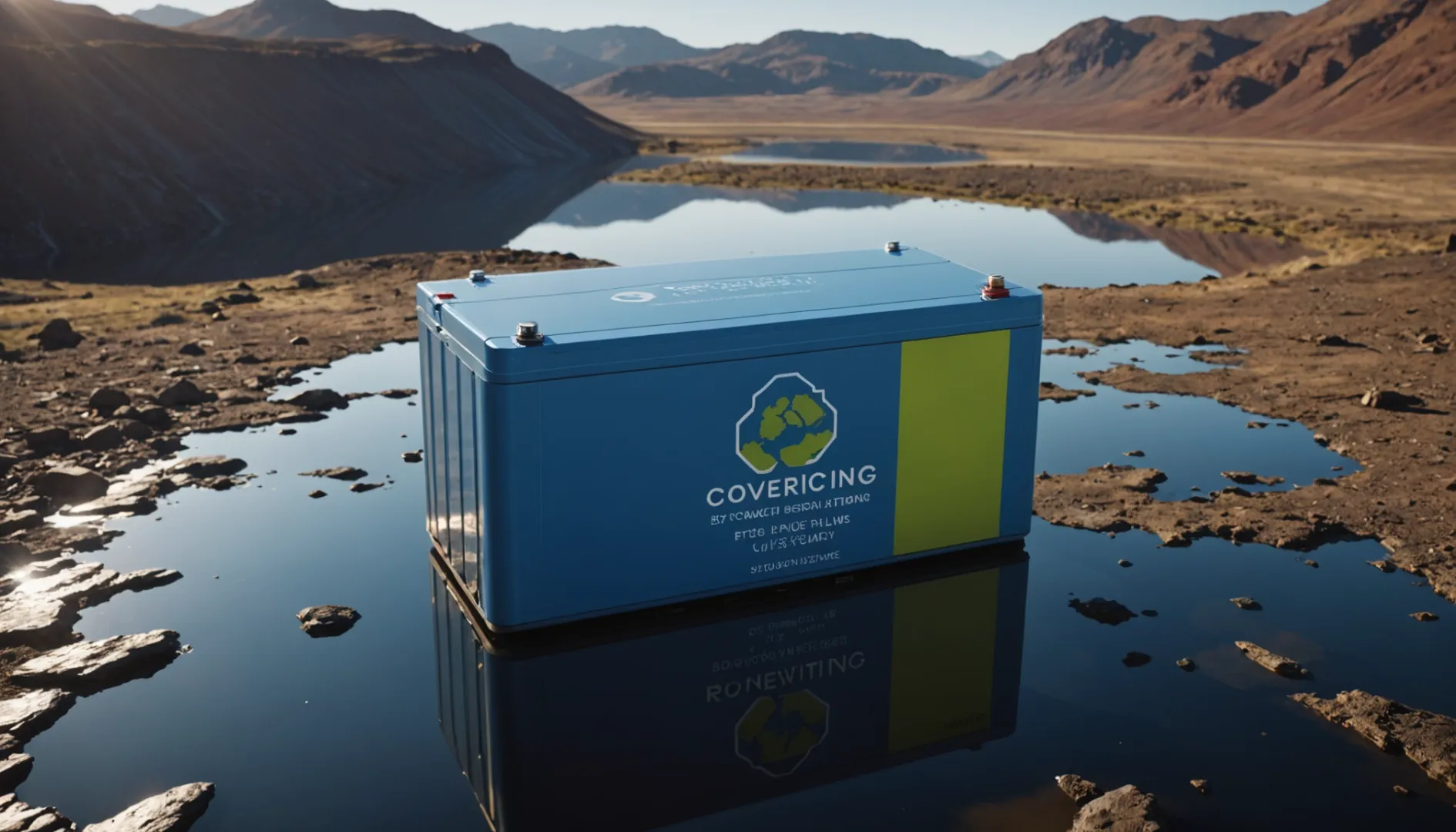 Lithium-ion battery on reflective surface with Earth overlay and energy symbols reflection.