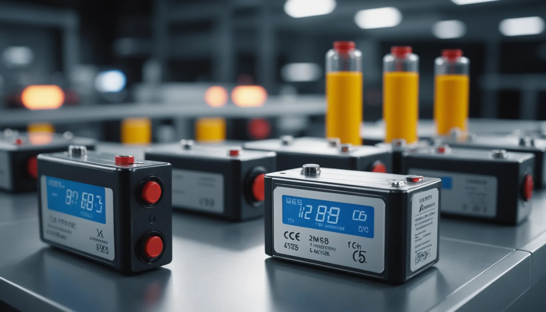 Lithium-ion battery in a high-tech lab with temperature gauges