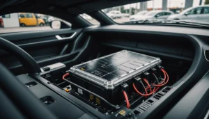 Close-up of a lithium-ion battery pack in an electric vehicle.