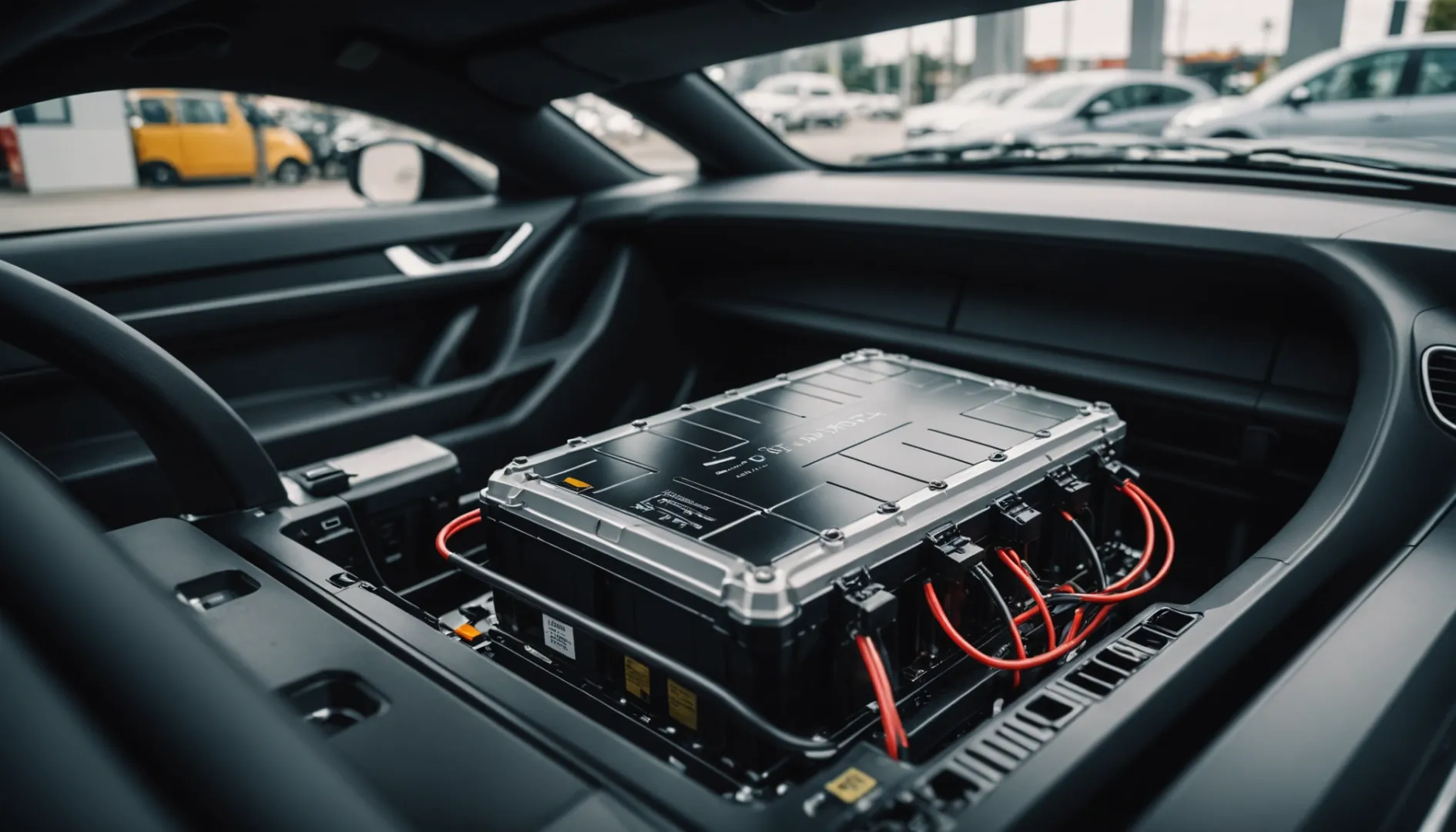 Close-up of a lithium-ion battery pack in an electric vehicle.