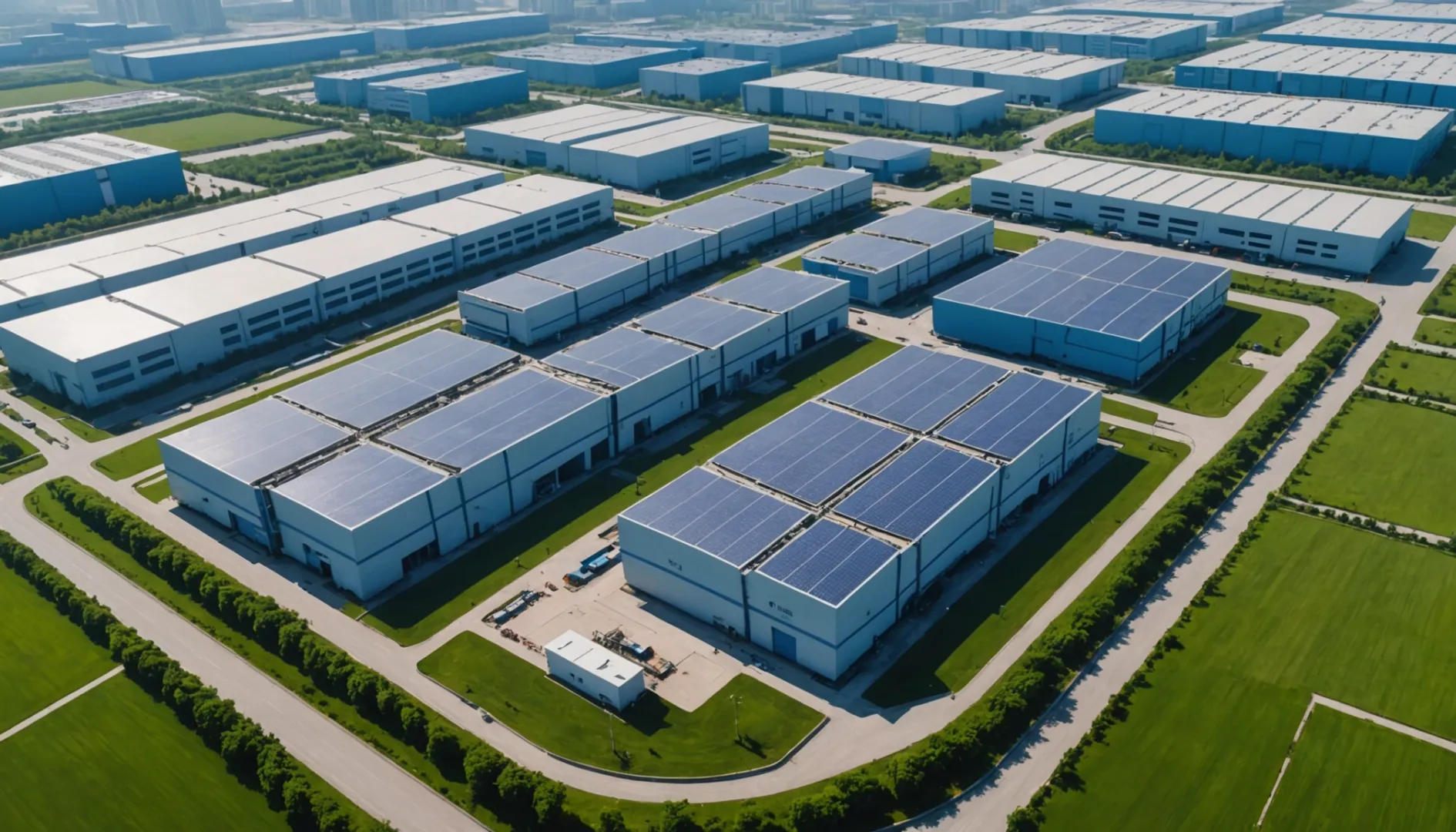 Aerial view of a lithium-ion battery manufacturing plant in China with solar panels on roofs.