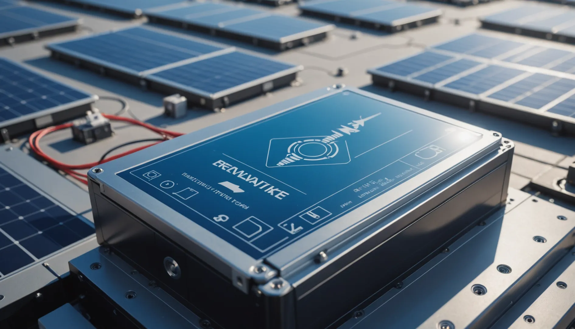 Lithium-ion battery surrounded by renewable energy symbols