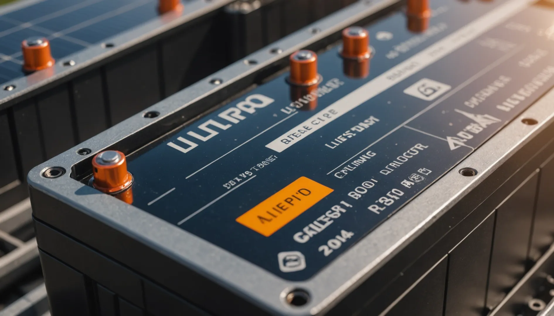 Close-up of a Lithium Iron Phosphate battery with solar panels in the background