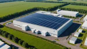 Aerial view of a modern lithium-ion battery production facility with solar panels and green surroundings