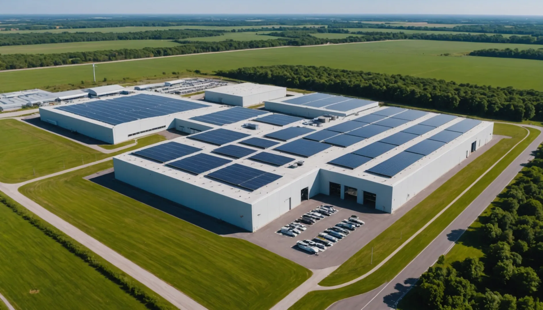 Aerial view of a modern lithium-ion battery factory with solar panels and wind turbines