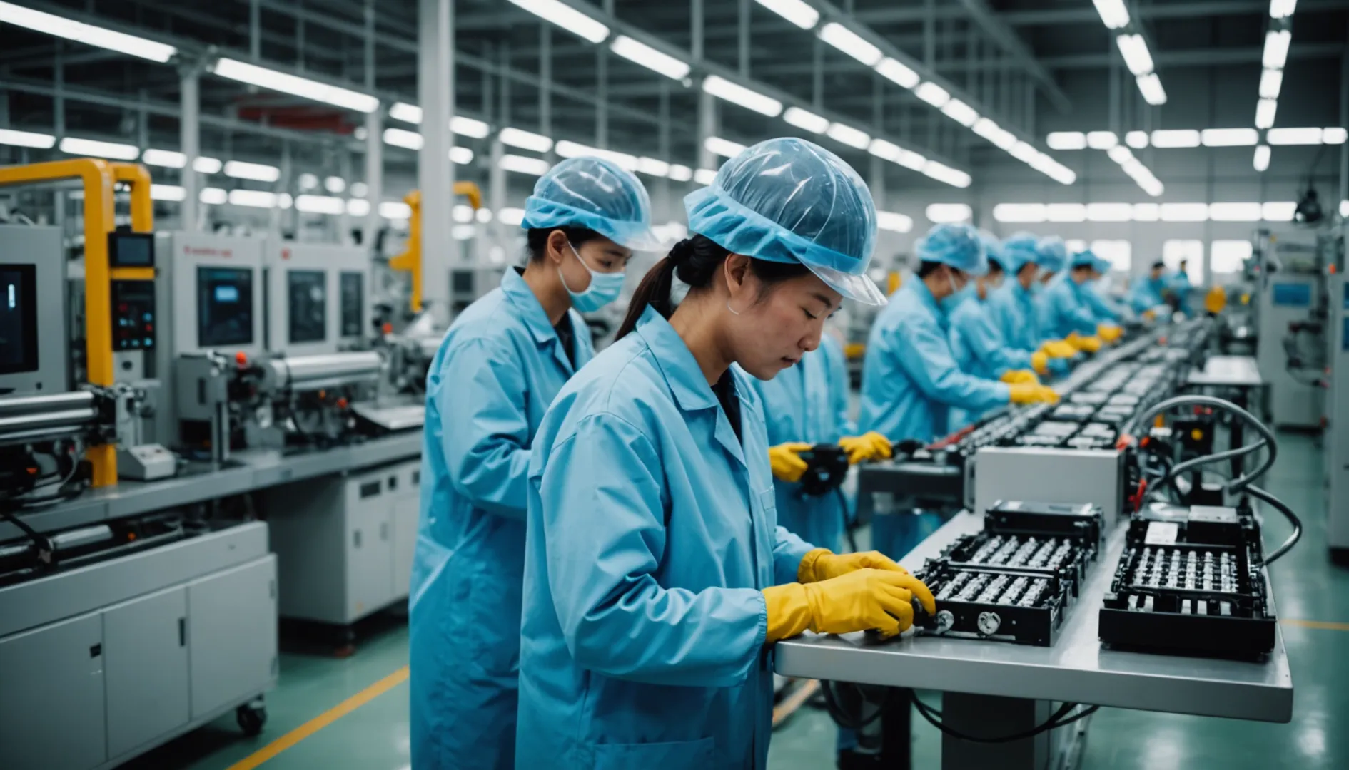 Interior of a modern lithium-ion battery factory with advanced machinery and workers