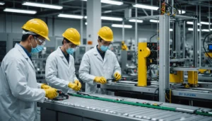 Modern battery manufacturing facility with advanced machinery and robotic arms